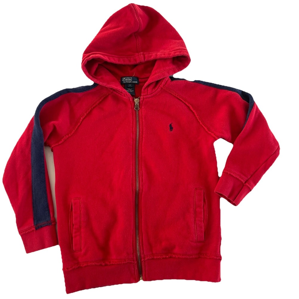 Vtg POLO RALPH LAUREN BOYS RED / BLUE ZIP UP SWEATSHIRT HOODIE SIZE 7